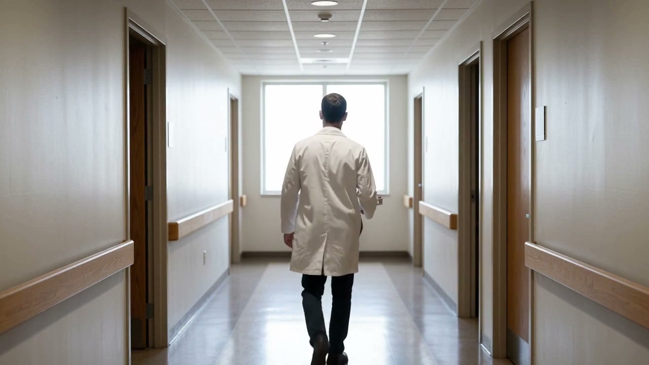 A technician carries the collected material down a hospital corridor.