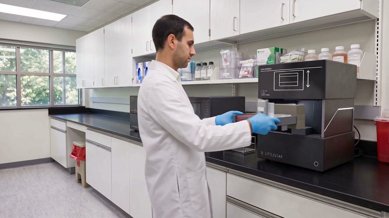 A technician loads a cartridge to produce a single patient dose into the instrument.