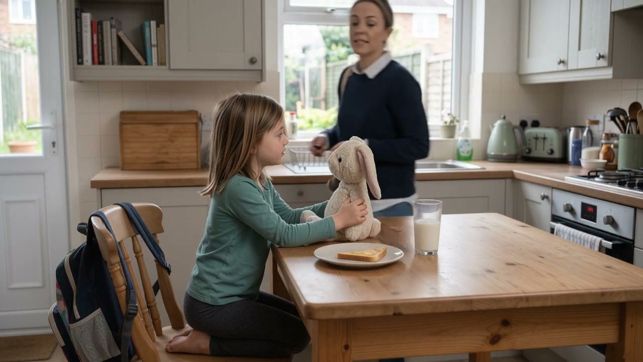 Maya sits at the kitchen table with her rabbit as her mother prepares for the school day.